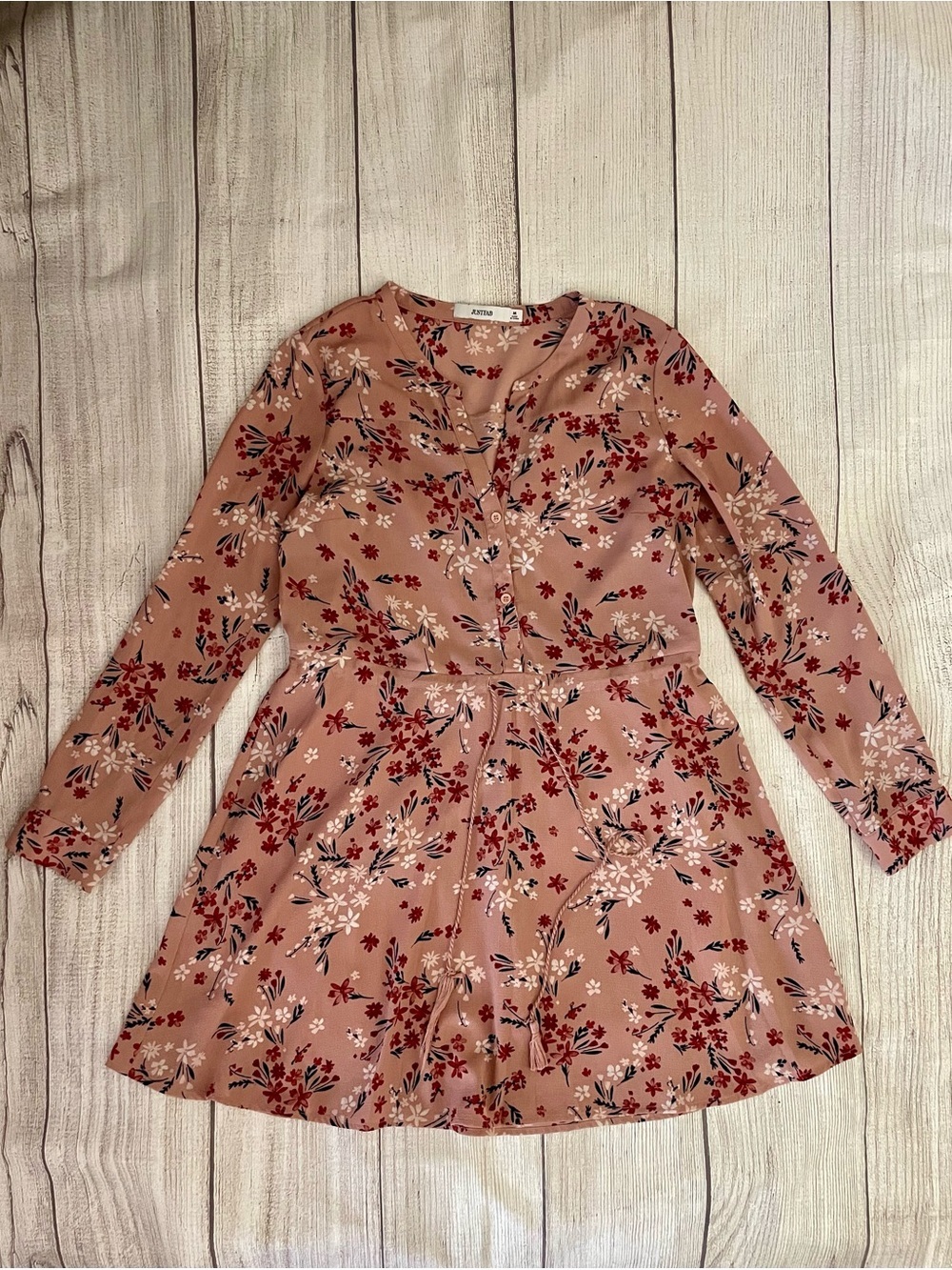 JUST FAB Women’s Dusty Pink Floral Split-Neck Dress Tie Waste Size Medium